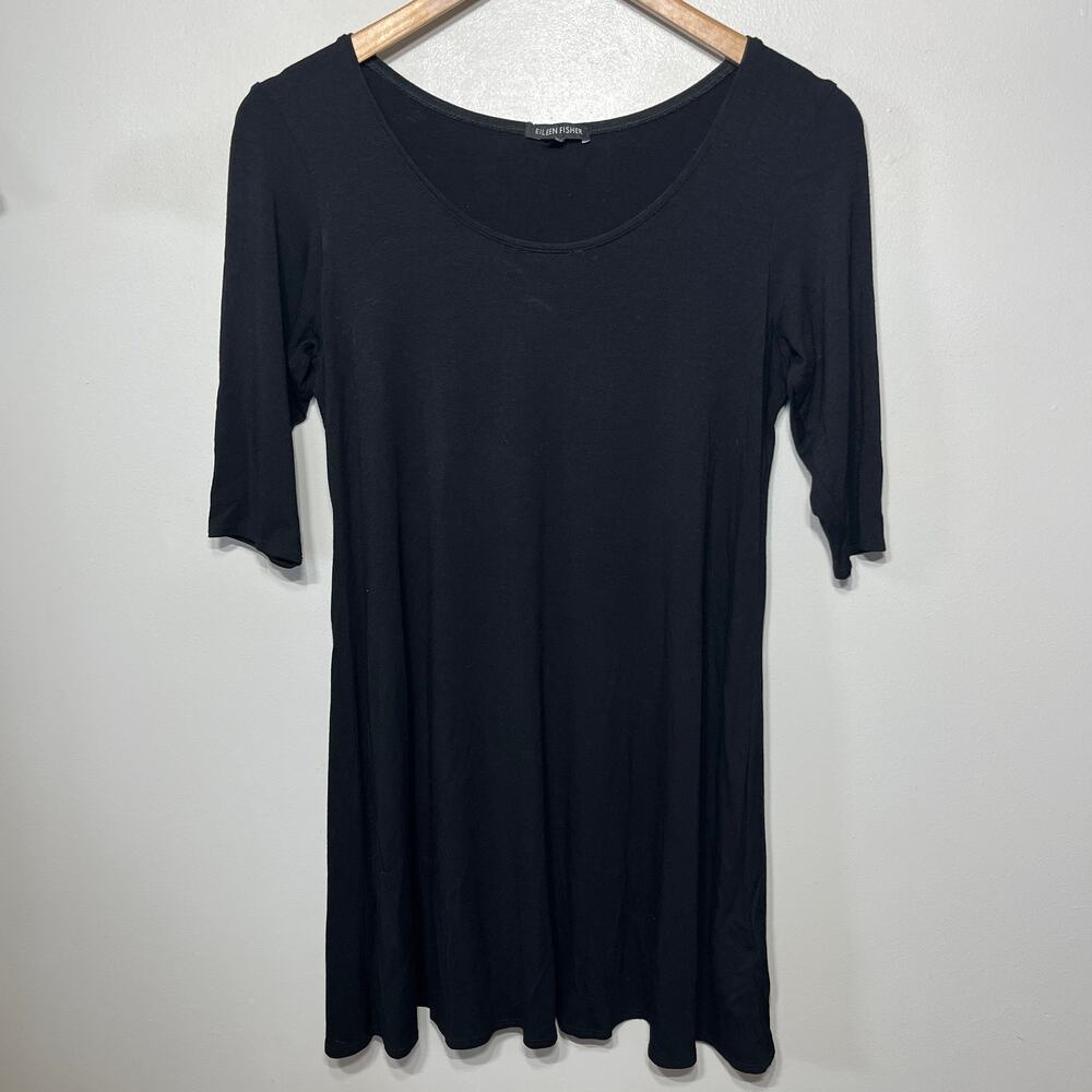 Eileen Fisher Tunic Top Black Knit Rayon Office Casual Scoop Neck Minimalist XS